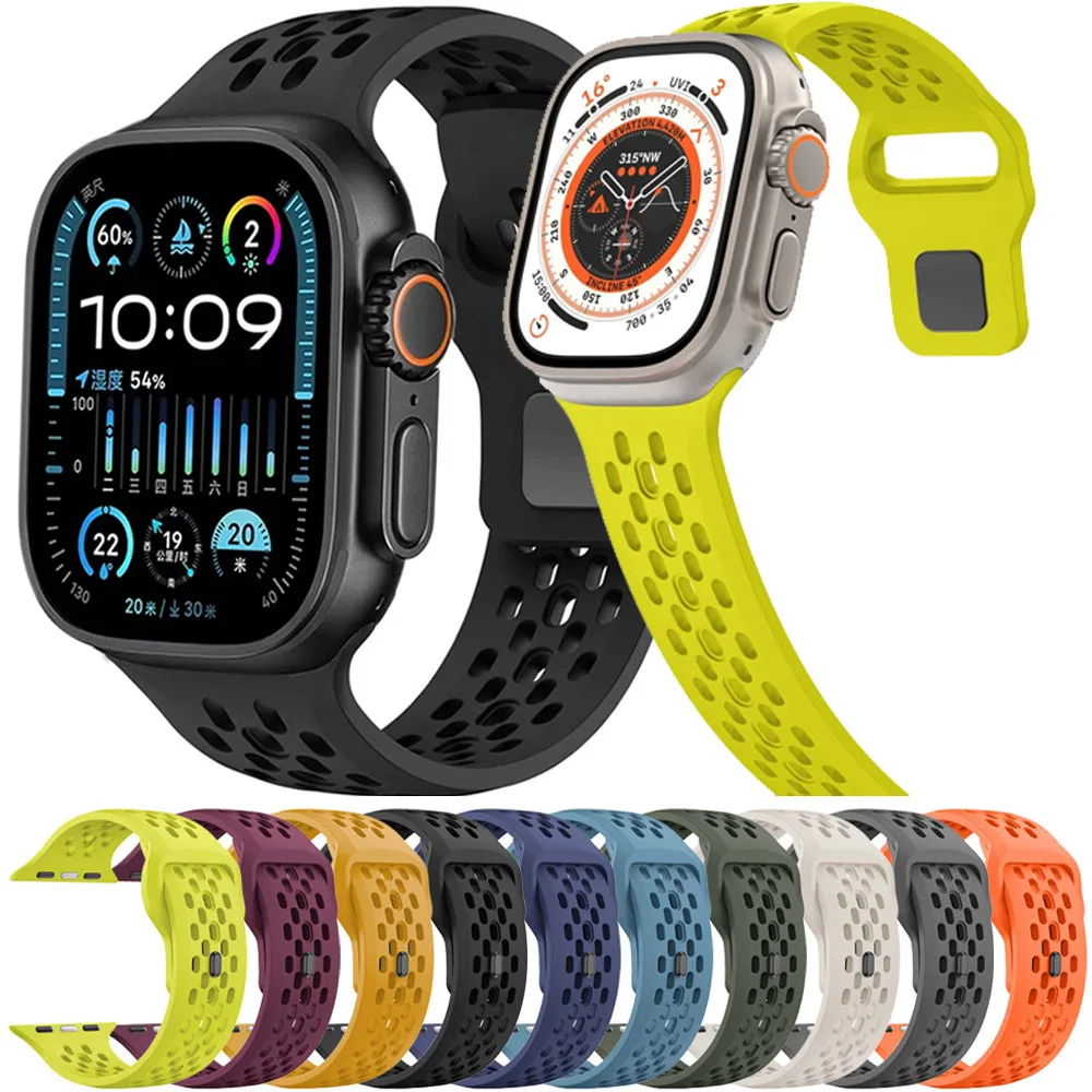 

Silicone Strap For Apple Watch Ultra 3/2/1 49mm 11 10 46mm 42mm Sports Breathable Bracelet iWatch 9 8 7 6 SE 45mm 44mm 41mm Belt