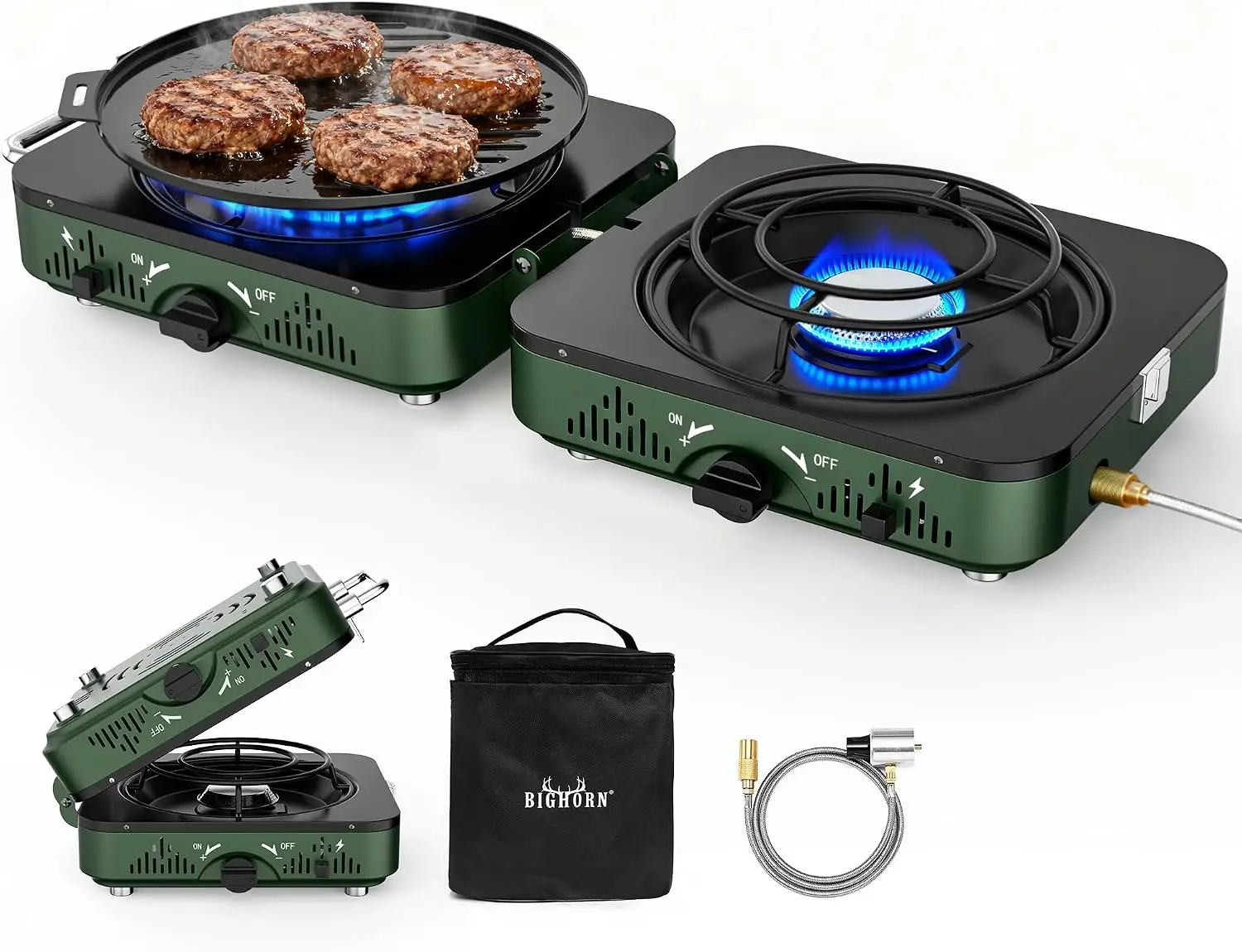 Portable 2-Burner Propane Gas Stove for Camping, Folding Outdoor Cooker with Frying Pan and Carry Bag, Suitable for Emergency Use and Outdoor Cooking
