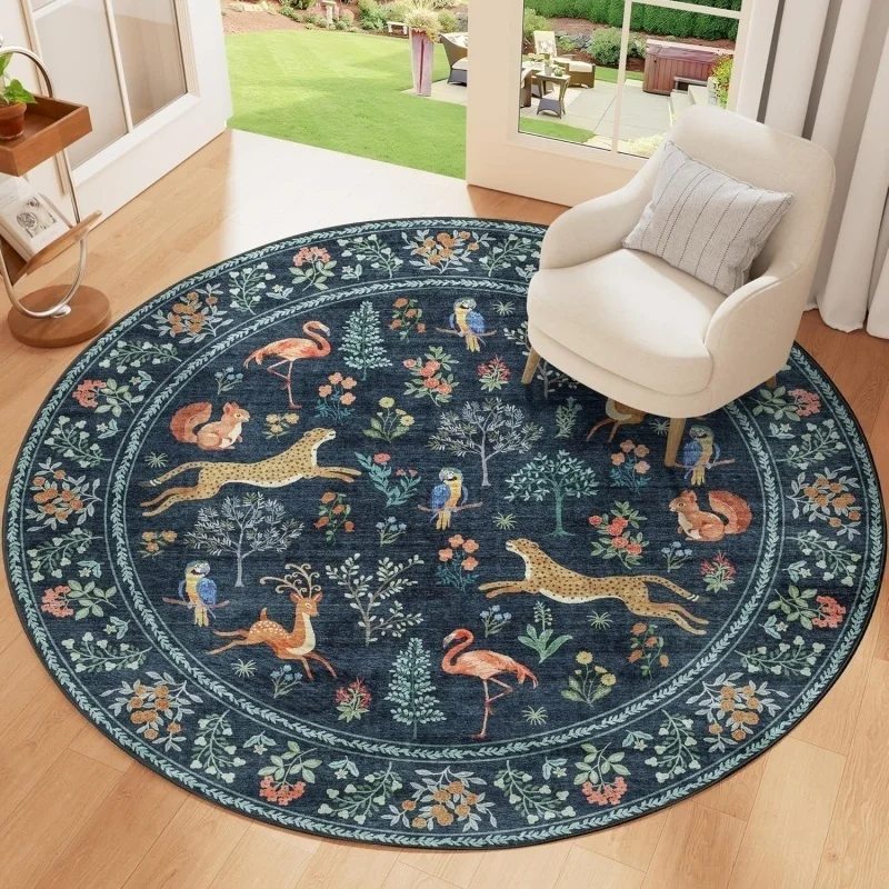 Jungle Wild Animal Round Rug Leopard Deer Flamingo Parrot Print Non Slip Soft Carpet Nature Style Living Room Decor Mat