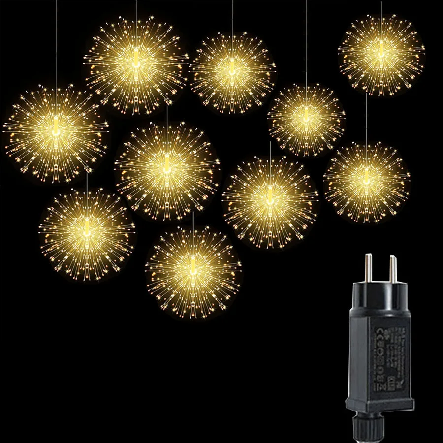 Guirnalda de luces LED para exteriores, iluminación de fuegos artificiales de diente de león, impermeable, enchufable, Starburst colgante, 600/1200