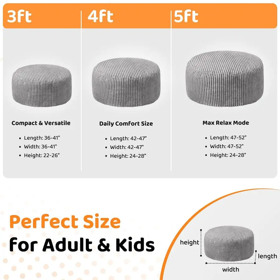 

3FT Bean Bag Chair, 3 Large Bean Bag Chairs for Adults with Stripe Plush Cover, Memory Foam Beanbag Chair for Living Room Bedroo