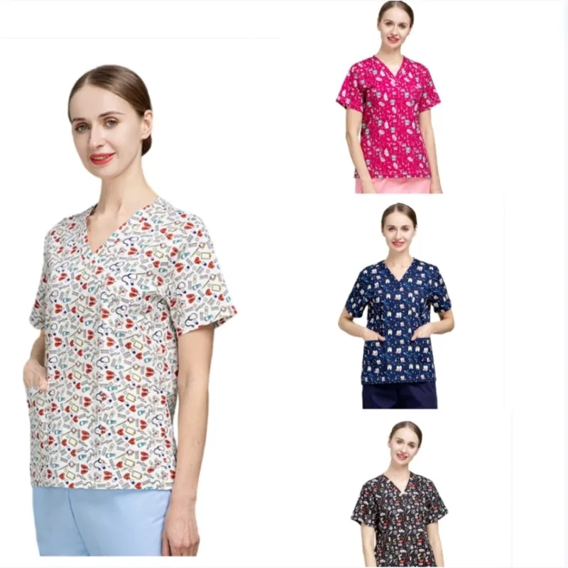 Multicolour Cotton scrubs Tops Unisex Beauty salon clinic pharmacy work Uniform Doctor surgical Tops Print Nurse T-shirt Blouse