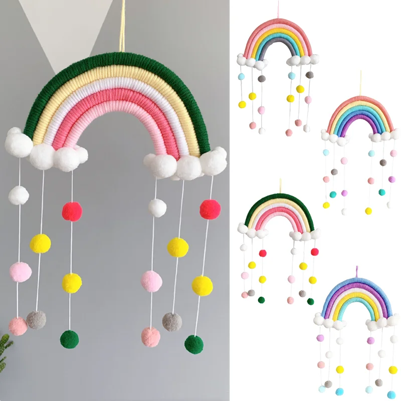 

Cute Macrame Rainbow Clouds Tapestry Felt Ball Wall Hanging Decor Stuff Storage Belt For Girls Hanging Photo Prop Gift