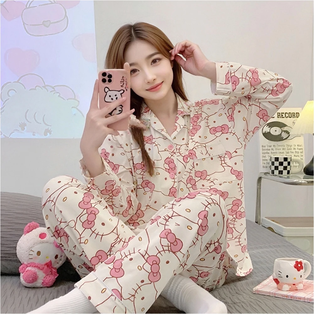 

Kawaii Hello Kitty Pajama Set Melody Cinnamoroll Sleepwear Women's Loose Casual Long Sleeve Top Pants Homewear Nightwear Outfits
