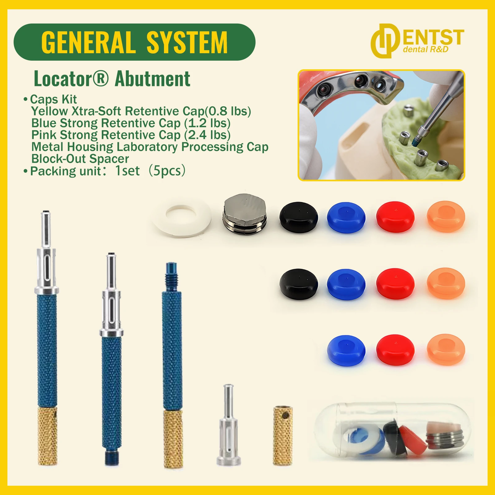 Dental Retention Implant Caps Kit - Removable Insertion Extraction Locator Core Tool Abutment for Hiossen Osstem Overdenture