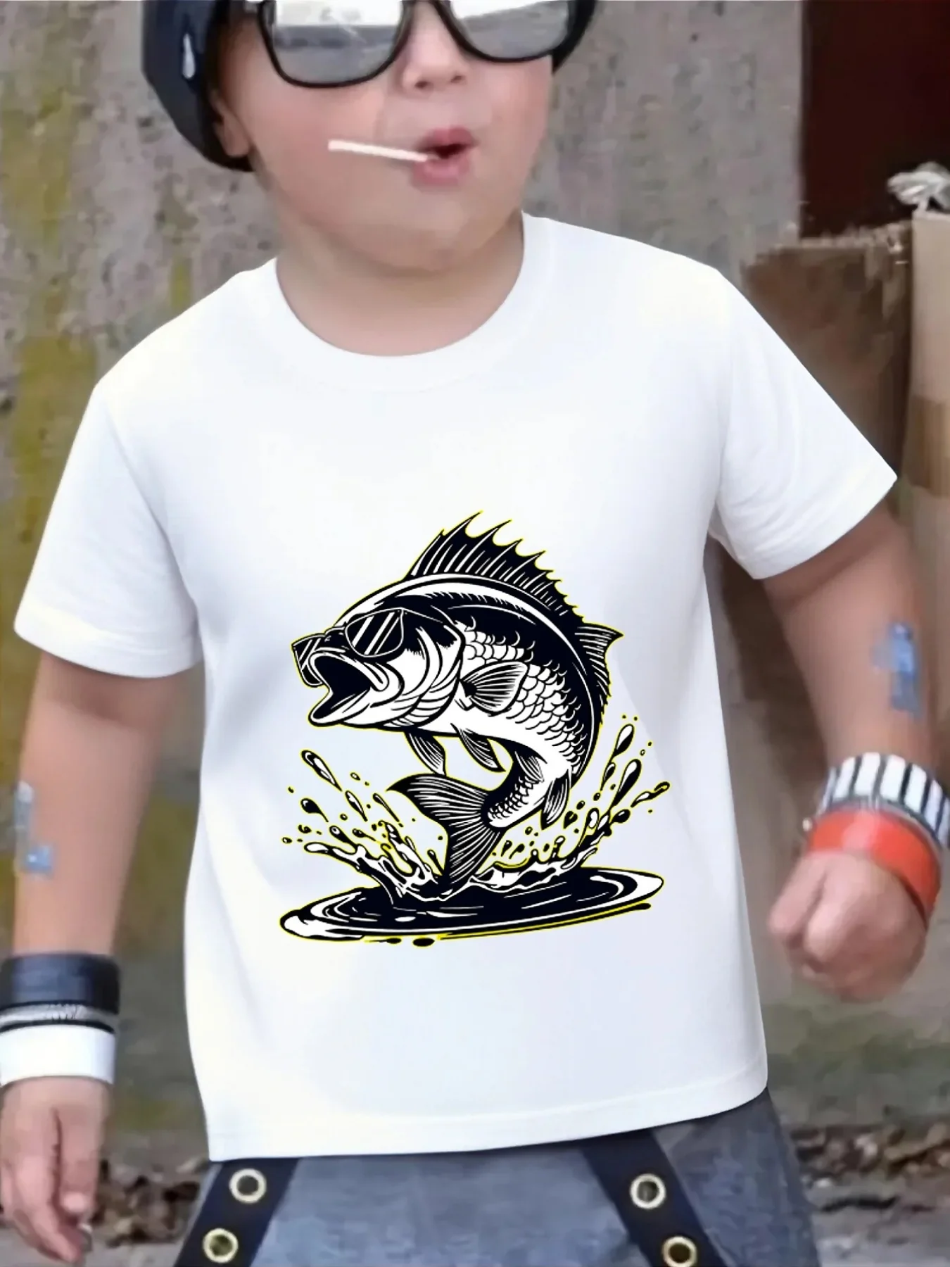 Cute Cool Bass Fish With Sunglasses Print Family Matching T Shirt Boys Girls Short Sleeve Parent Child Soft Cotton Casual Tops