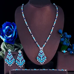 ThreeGraces 4pcs Luxurious Blue Turquoise 82cm Long Sweater Chain Necklace Bridal Wedding Bohemian Jewelry Set for Women T1034