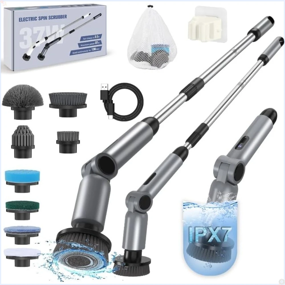 

Electric Spin Scrubber, [IPX7 Waterproof ] [50KG Torque] Shower Scrubber with 9 Brush Heads, 2 Speed Mode, Bathroom Tile (Gray)