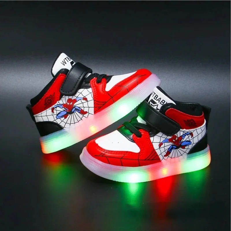 Disney Kinder LED leichte Schuhe Mode Aoger Spiderman Jungen Turnschuhe Mädchen Cartton Freizeit schuhe atmungsaktive Kinder Sportschuhe