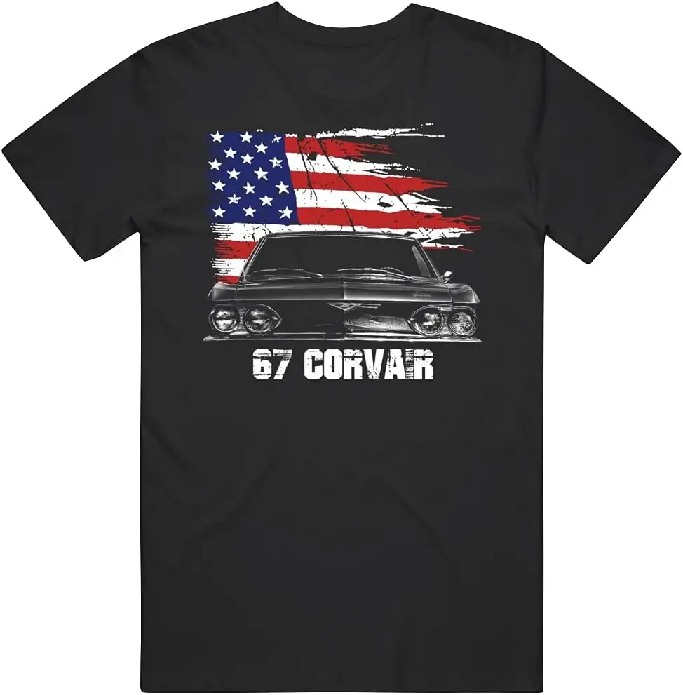 

PurpleMonkeyTees 1967 Corvair передний вид с флагом США и модельным годом футболка