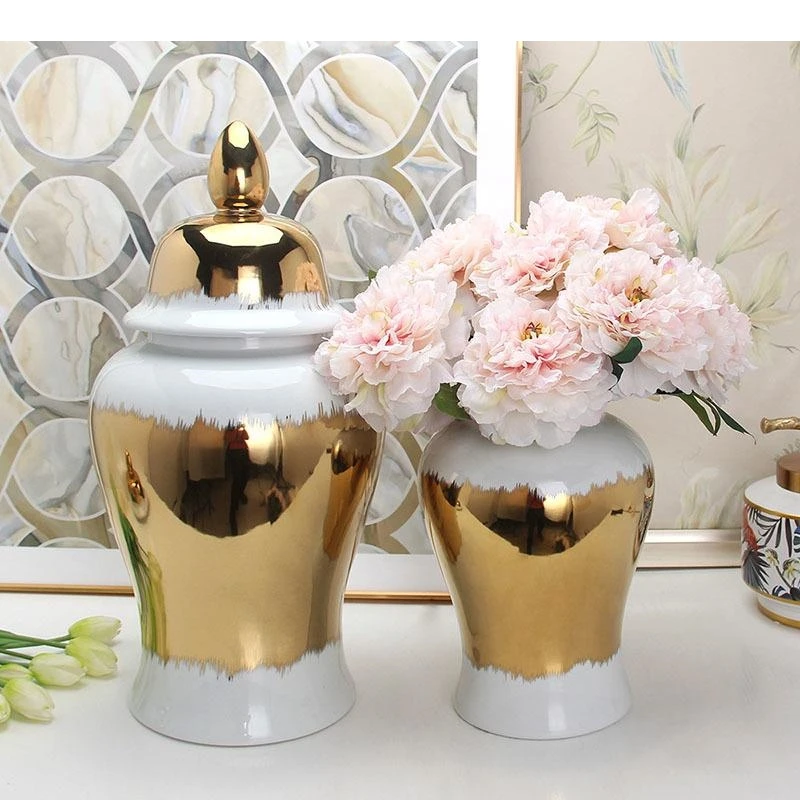 Minimalist Gold Plated Porcelain General Jar with Lids Ceramic Flower Vases Desk Decoration Jewelry Jars Cosmetic Containers