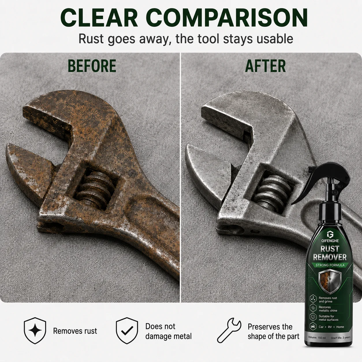 150ml Powerful Metal Rust Removal Spray Remove Rust Dirt Restore Metallic Luster For Automotive & Home Metal Surface Care