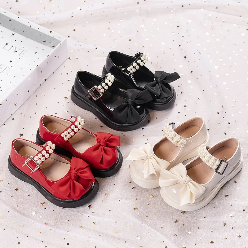 Children Princess Shoes Pearl Elegant Kids Leather Shoe Fashion Sweet Girls Lolita Party Wedding Single Shoes Glossy Mary Janes