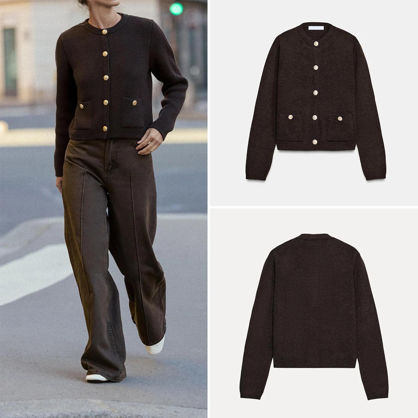 Z 여성 니트 자켓 골드 버튼 엘레 패션 2025 신상 롱 슬리브 라운드 넥 오픈 가디건 데일리용