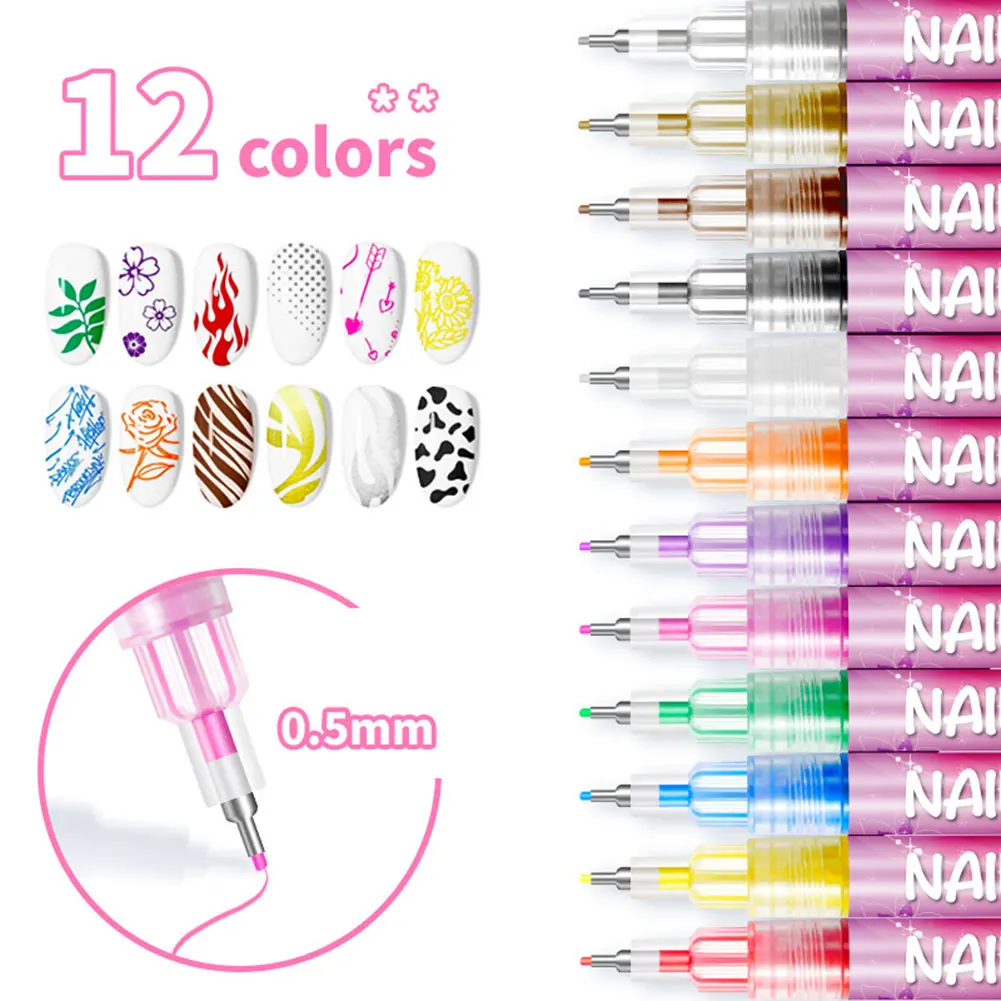 12개 네일 아트 폴리쉬 펜, 속건성 방수 DIY 0.5mm 아크릴 페인트 드로잉 펜, 웨어러블 네일 아트 디자인 용품