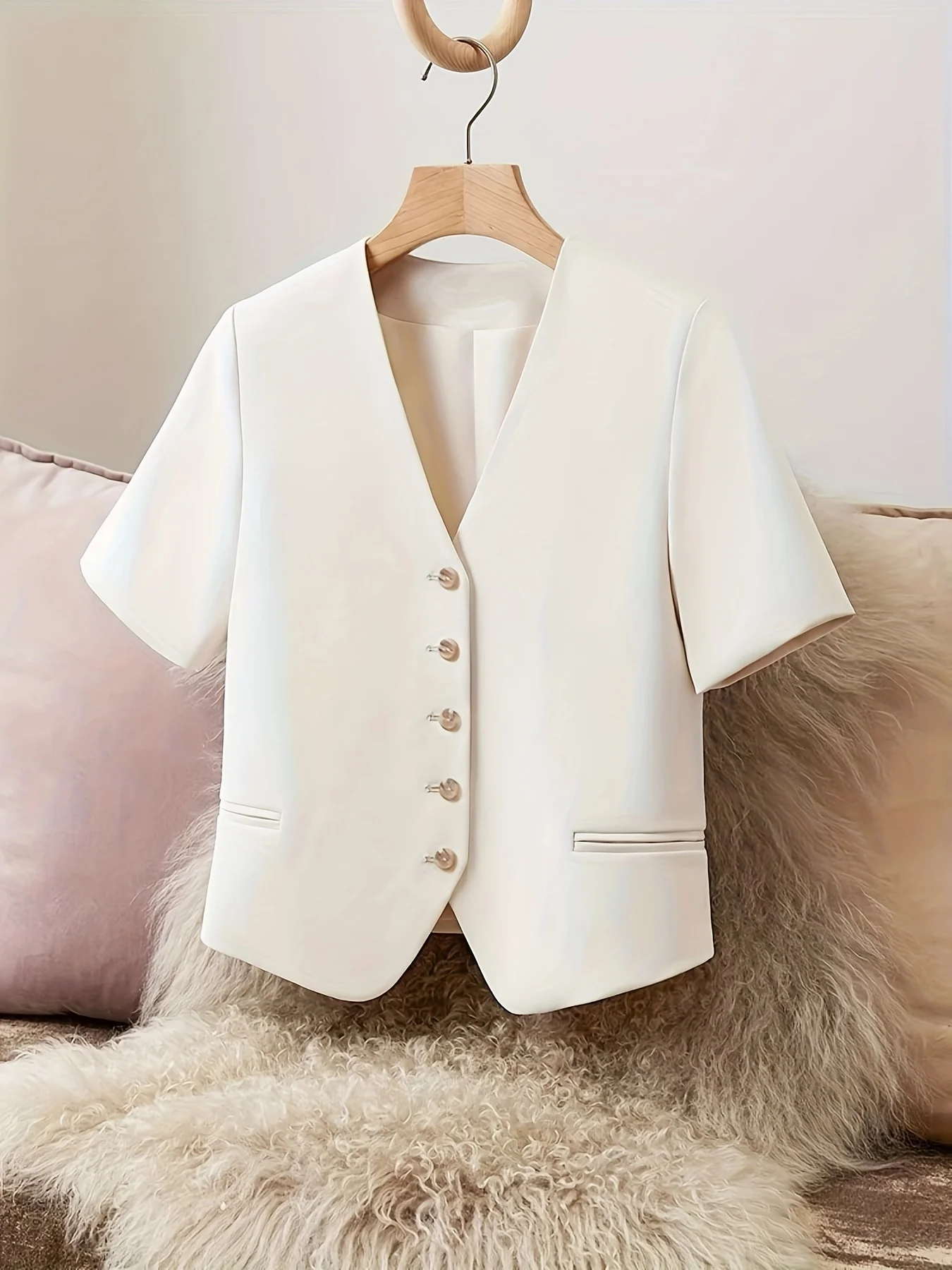 Vintage Short-sleeved Suit Jacket Elegant Feminine Temperament V-neck Single-breasted Spring and Autumn New Fashion Office Coat