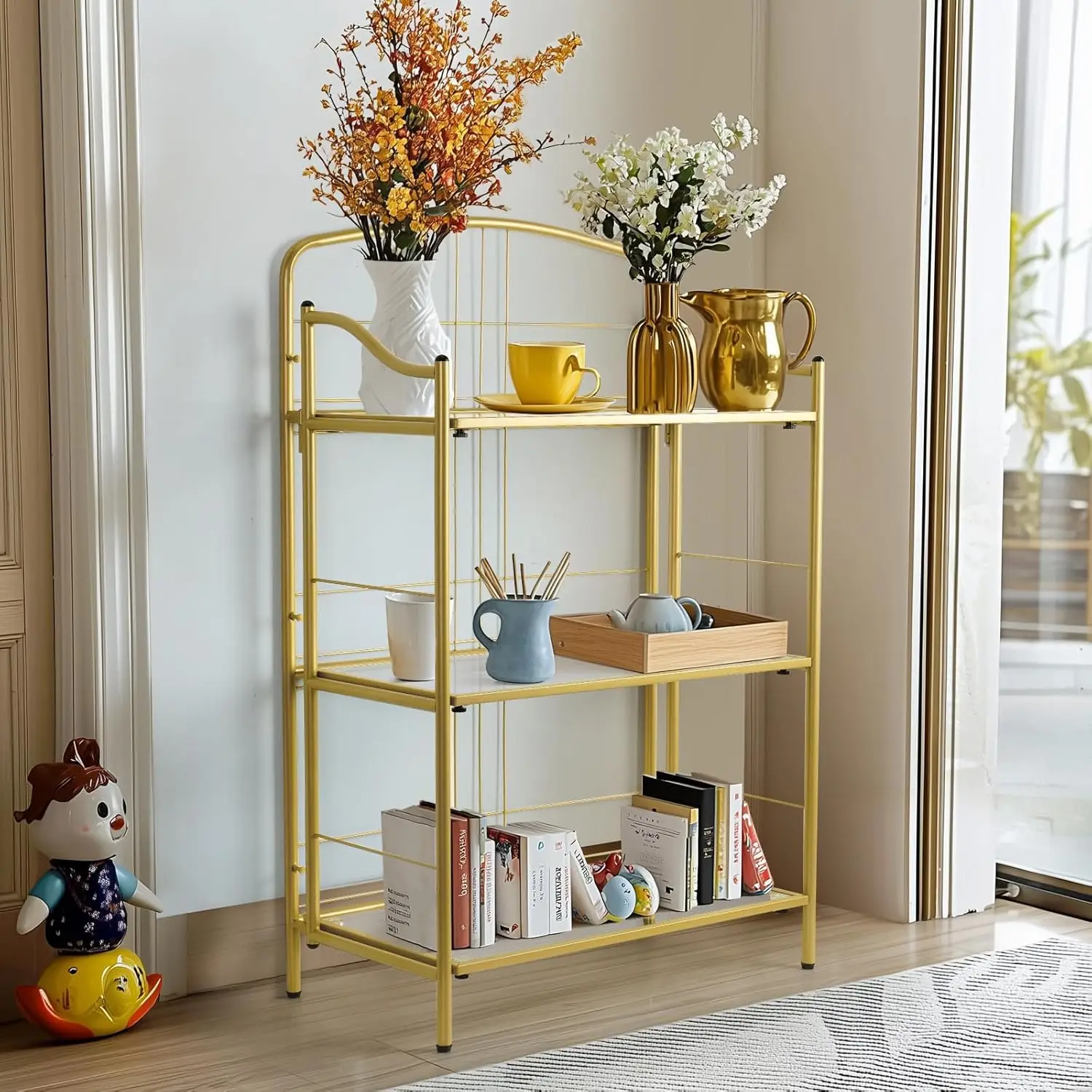 

No Assembly Bookshelves, 3 Tier Classic Gold Folding Book Shelf, Foldable Bookcase With Glass Shelf, Small Collapsible Display