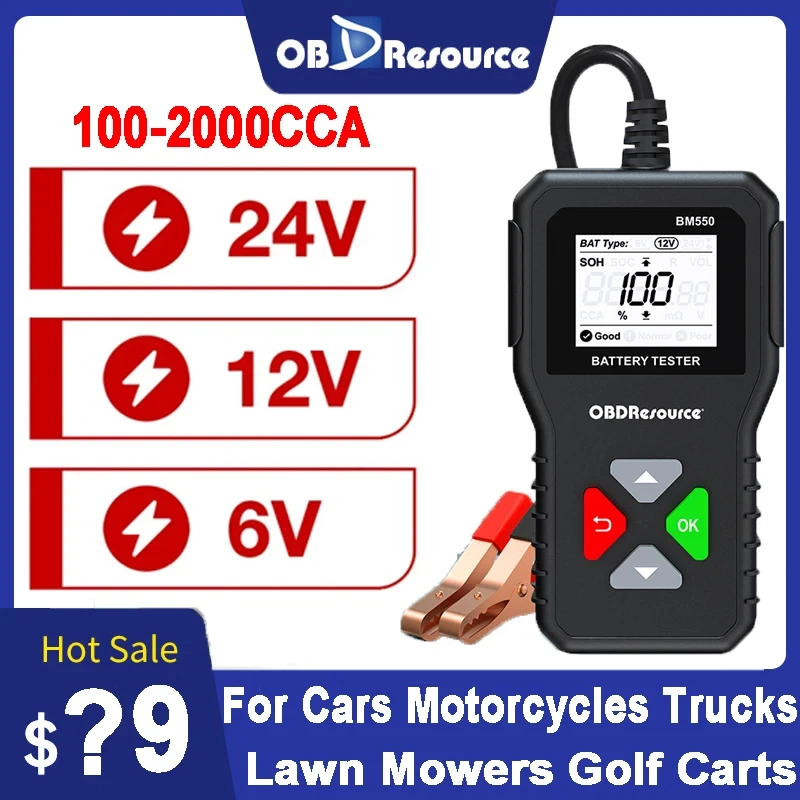 BM550 Car Battery Tester 6V 12V 24V Battery System Test 100-2000 CCA Car Battery Analyzer Car Battery Tool SOC SOH