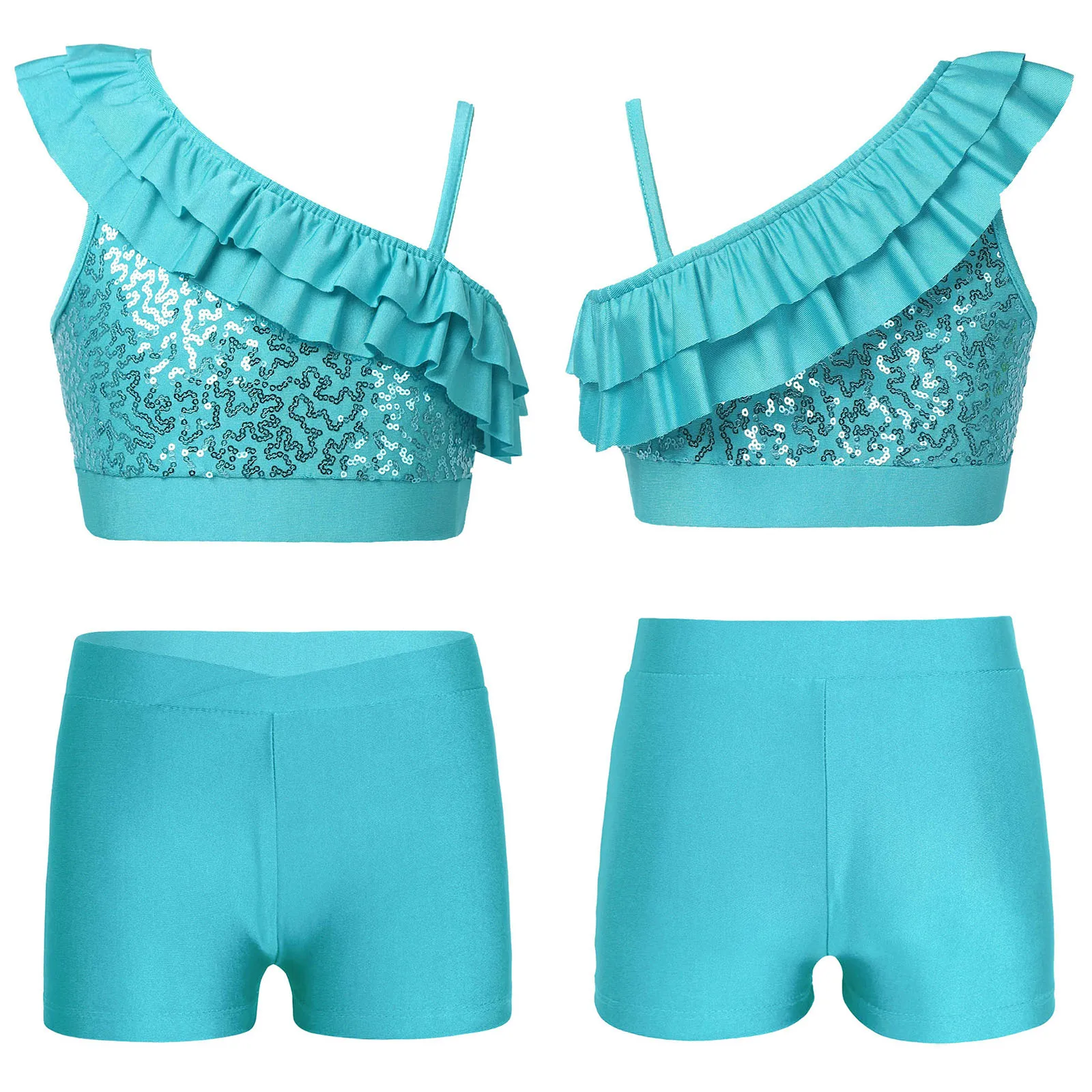 Kids Girls Jazz Dance Two Pieces Sequins Costumes Street Clothes Crop Top + Shorts Dancewear Sets Children's Ballet Outfits