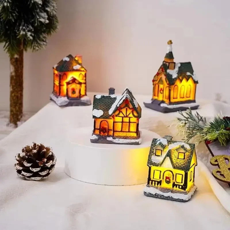 Muñeco de nieve, Papá Noel, adorno de luz LED, decoración de Año Nuevo para el hogar y el dormitorio, casa de resina con micropaisaje, casa de nieve brillante de Navidad