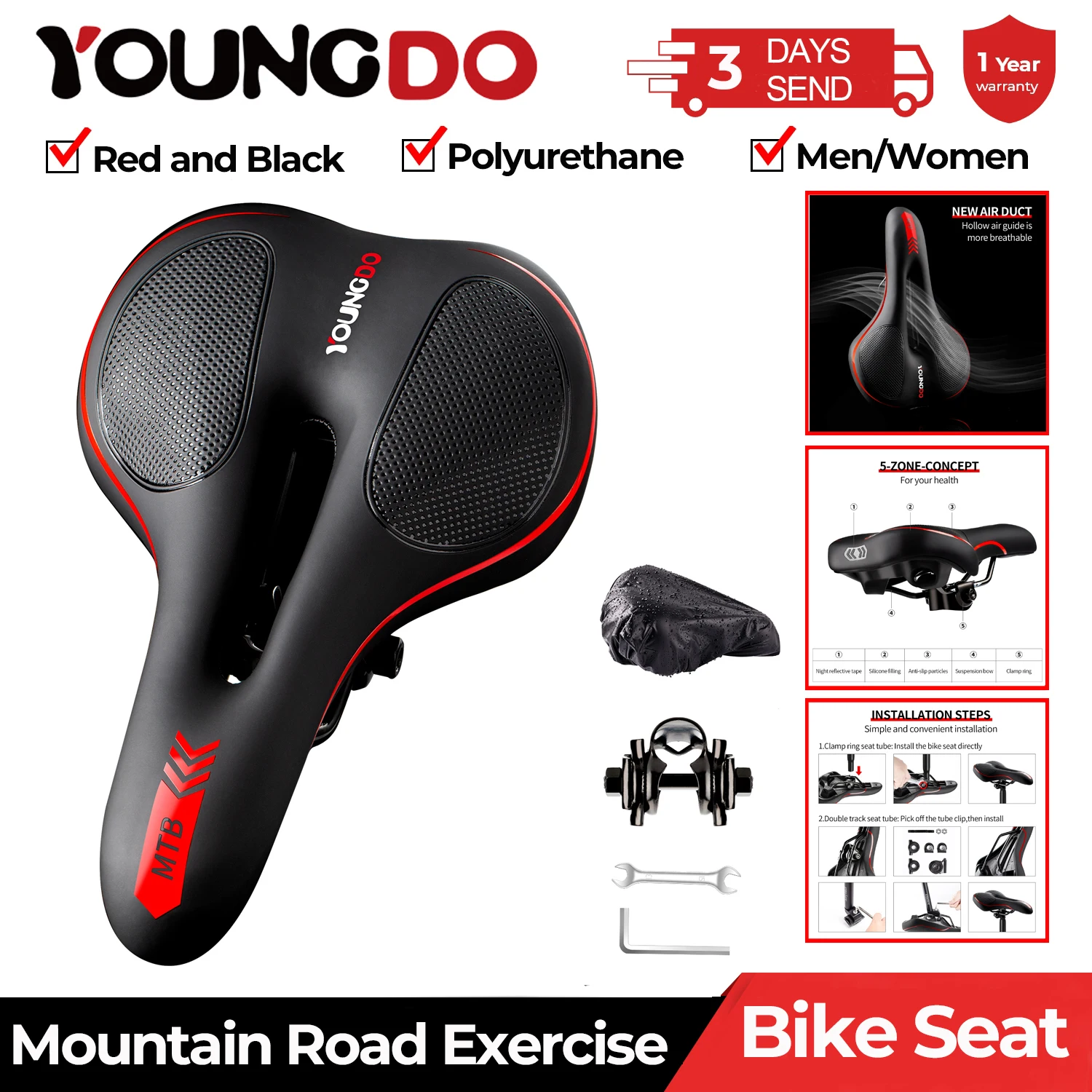 

YOUNGDO Bike Seat Saddle Mountain Road Bike Cycling Racing Cushion for MTB Exercise Bicycle Riding Seat Padded Cushion Men Women