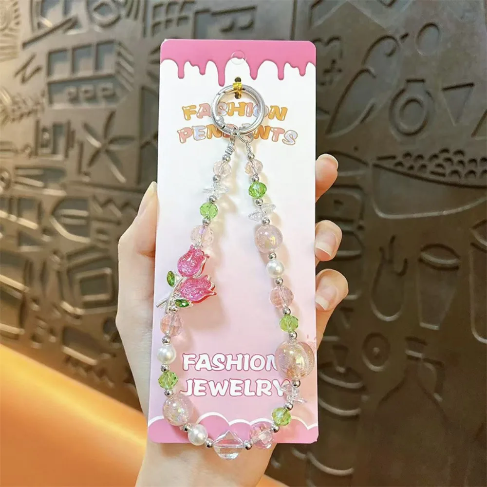 

Ремешок для телефона с кристаллами и бусинами в виде цветка тюльпана, жемчужный анти-потерянный ремешок для мобильного телефона, ручной сверкающий ремешок для мобильного телефона, подарок на Новый год