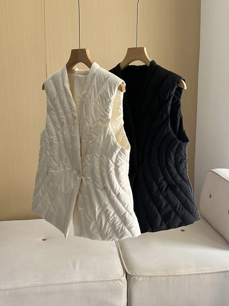 Herbst Winter V-ausschnitt Weiße Ente Unten Ärmellose Weste Weibliche Warme Spitze Up Stepp Weste Mantel Gestrickte Spleißen Unten Weste Frauen