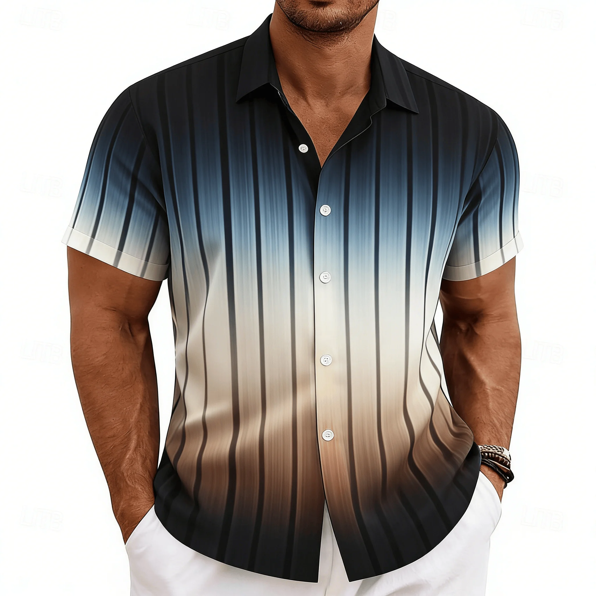 Men's Vintage Vertical Stripe Print Color Block Short Sleeve Shirt, Spring Summer Retro Casual Top, Pocket Lapel Style