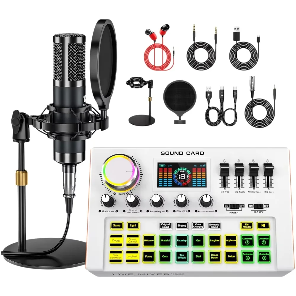 Tenlamp Podcast Equipment Bundle Kit for 4 People Profesional Studio Sound Board with 3.5mm Condenser Microphone(Y300-P15B) for PC Smartphone Laptop Computer ,Live Sound Card Full Set Voice Changer Mobile Audio Mixer With Bluetooth