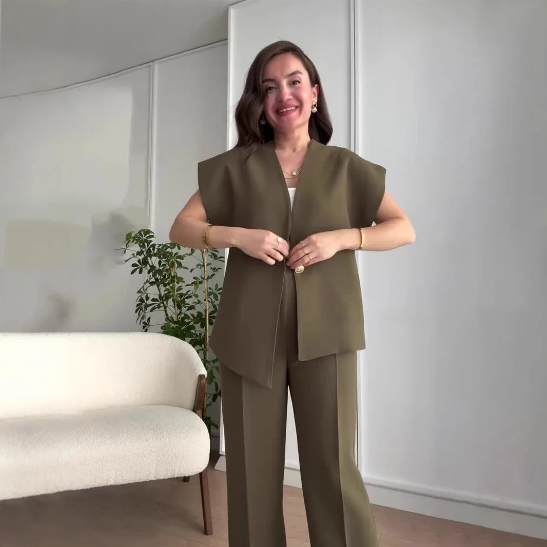 레그 포켓 지퍼 팬츠 2026 봄 여름 캐주얼 여성 정장 빈티지 솔리드 탑 바지 반팔 버튼 브이넥 셔츠 와이드