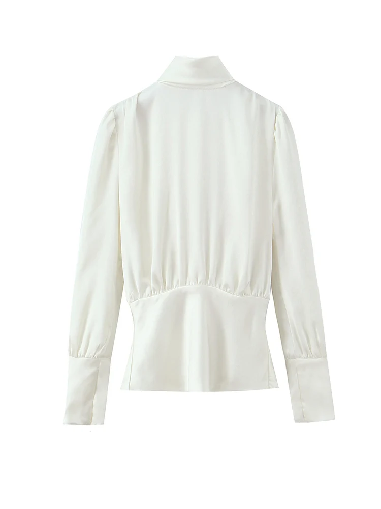 

Women Beige Satin Long Sleeve Blouses Backless Bow Casual Tops Elegant Shirts