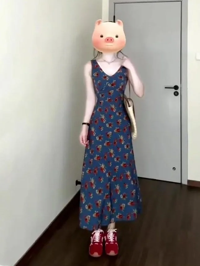 

plus Size Vintage V-Neck Dress Slimming Floral Print Beach Vacation Style High Waist A-Line Long Skirt Korean Style Commute