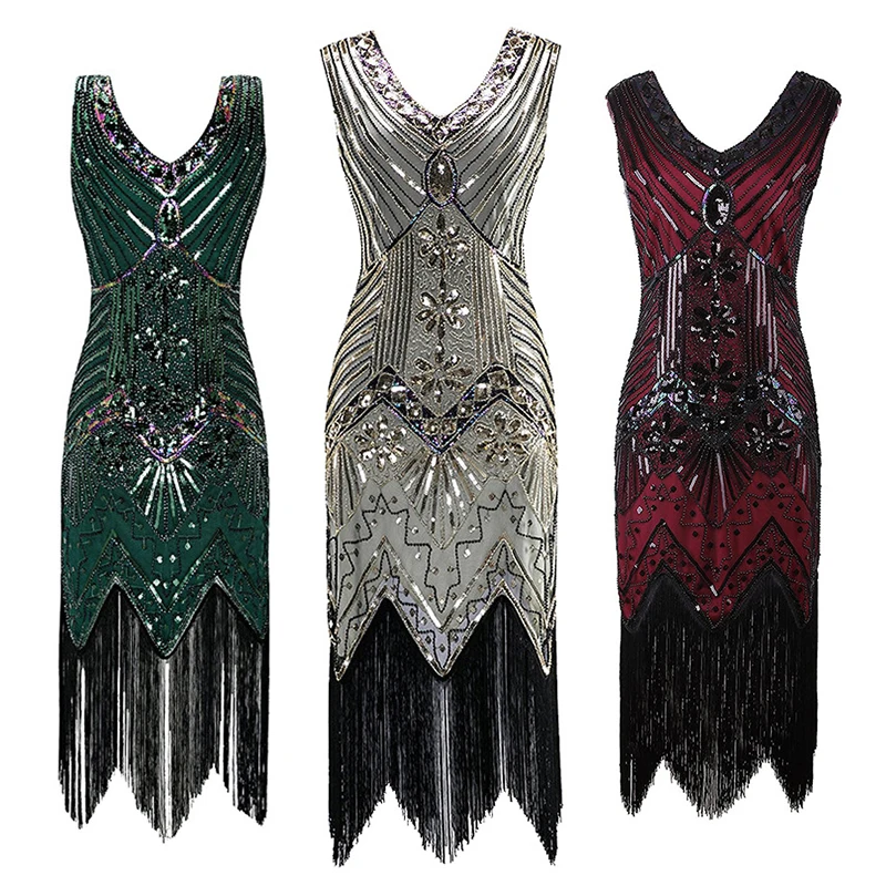 Europe and the United States Vintage Sequin  Party Dresses Party Evening Gown Fringed  Beaded V-neck Sleeveless Hip Wrap Dress