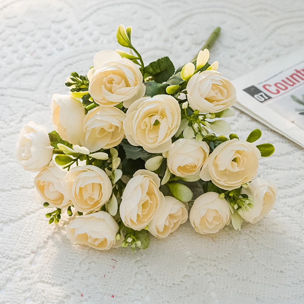 

5 Fork 15 Head Artificial Flowers Silk Rose Tea Bud Wedding Wreath Photo Graphy Background Home Room Vase Garden Festival Decor