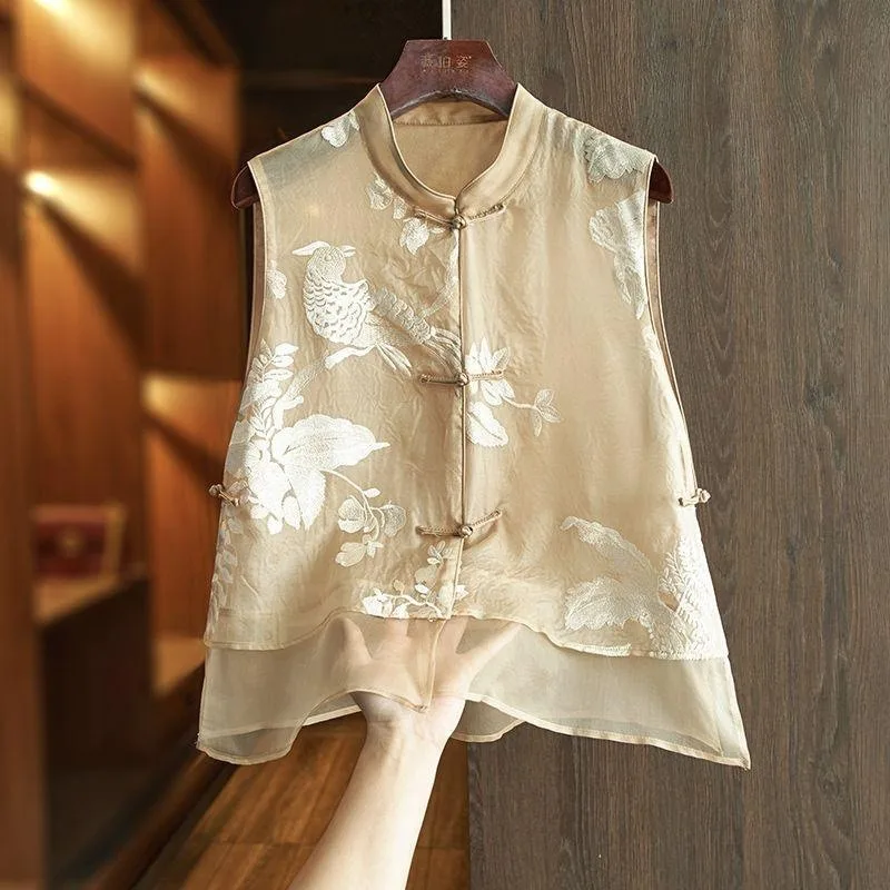 Women New Chinese Style Embroidery Sleeveless Vest Sheer Organza Frog Button Loose Layered Waistcoat