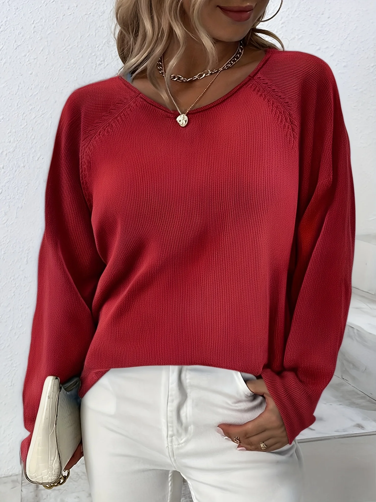 

Plus Size Crew Neck Sweater Women Raglan Sleeve Loose Fit Knitted Pullover Long Sleeve Solid Red Ribbed Trim Autumn Winter