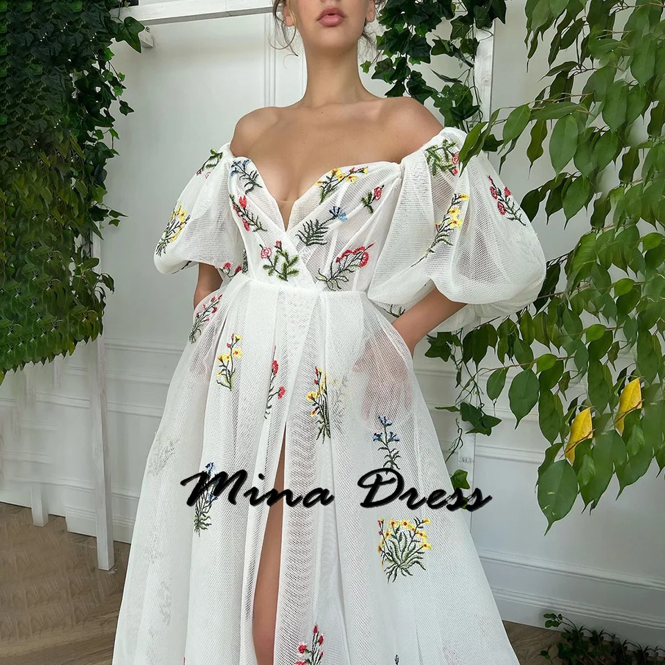 Mina Customized Backless Prom Dresses Sale Puff Sleeves Wedding Party Dress Es Strapless Flowers Luxurious Saudi Evening Dress