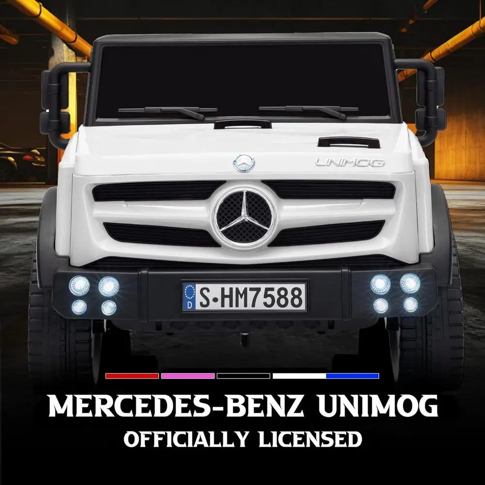 부모용 리모컨이 있는 12V 전동차, 어린이용 라이선스 메르세데스-벤츠 유니목 자동차, LED 조명, 음악 및 경적, 소프트 스타트, 로
