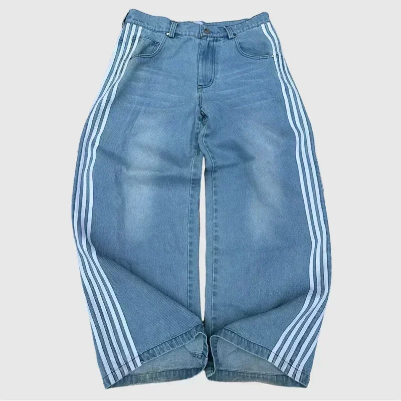 2025 Men's loose jeans vintage striped embroidered high waisted jeans men's women's casual pants Harajuku street loose wide leg