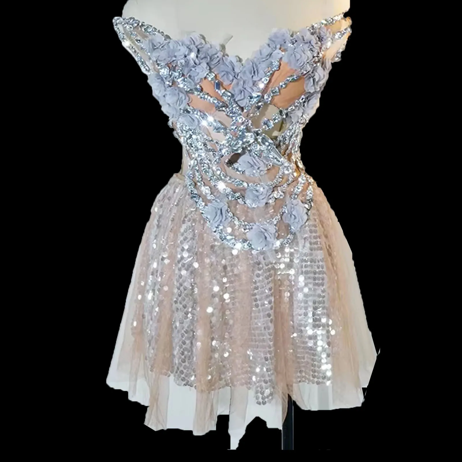

sexy mini dress crystal sequin for women backless flower nightclub party Stage DS Celebrate drag queen pole dance clothing