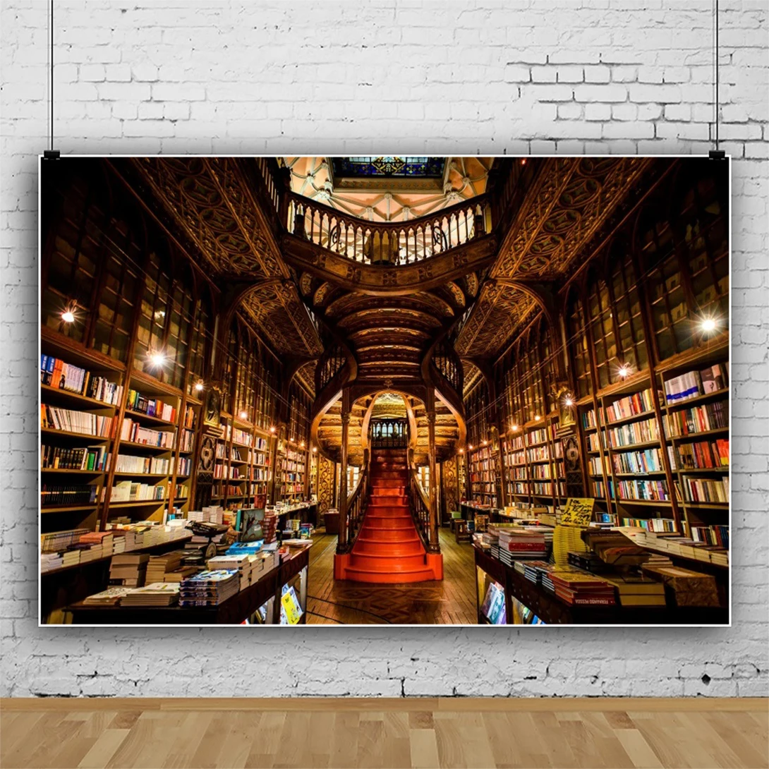 Laeacco Vintage Wood Bookshelf Photography Backdrop Retro Library Interior Luxry Ancient Book Bookcase Adult Portrait Background