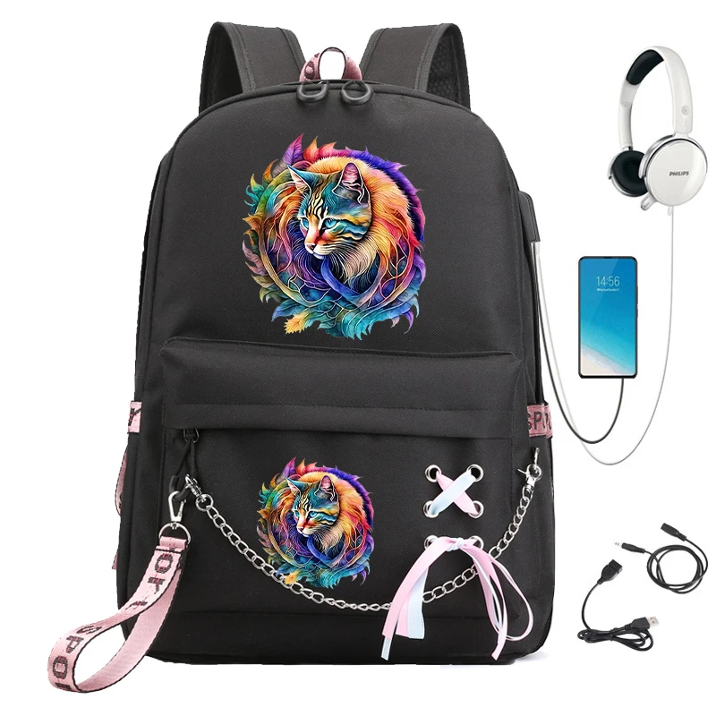 Mochila de gato aquarela para meninas, Bagpack USB, Mochila de estudante grande, Sacos de estudante do ensino médio, Moda