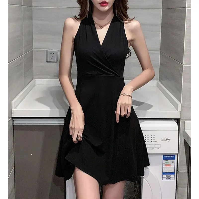 Women\'s Summer Fashion Fashion Simplicity Solid Color V-neck Sleeveless A-line Skirt Women Clothes Temperament Elegant Dress