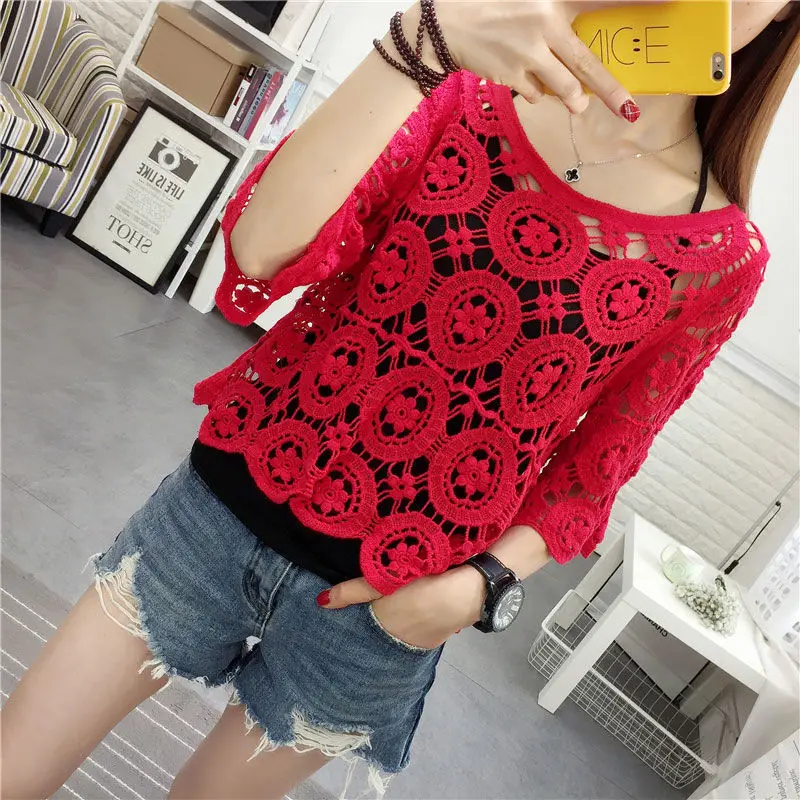 Lace Top Women\'s Short Hollow Knitted Blouse New Loose Spring and Summer Round Neck Five-point Sleeve Handmade Sweater Female