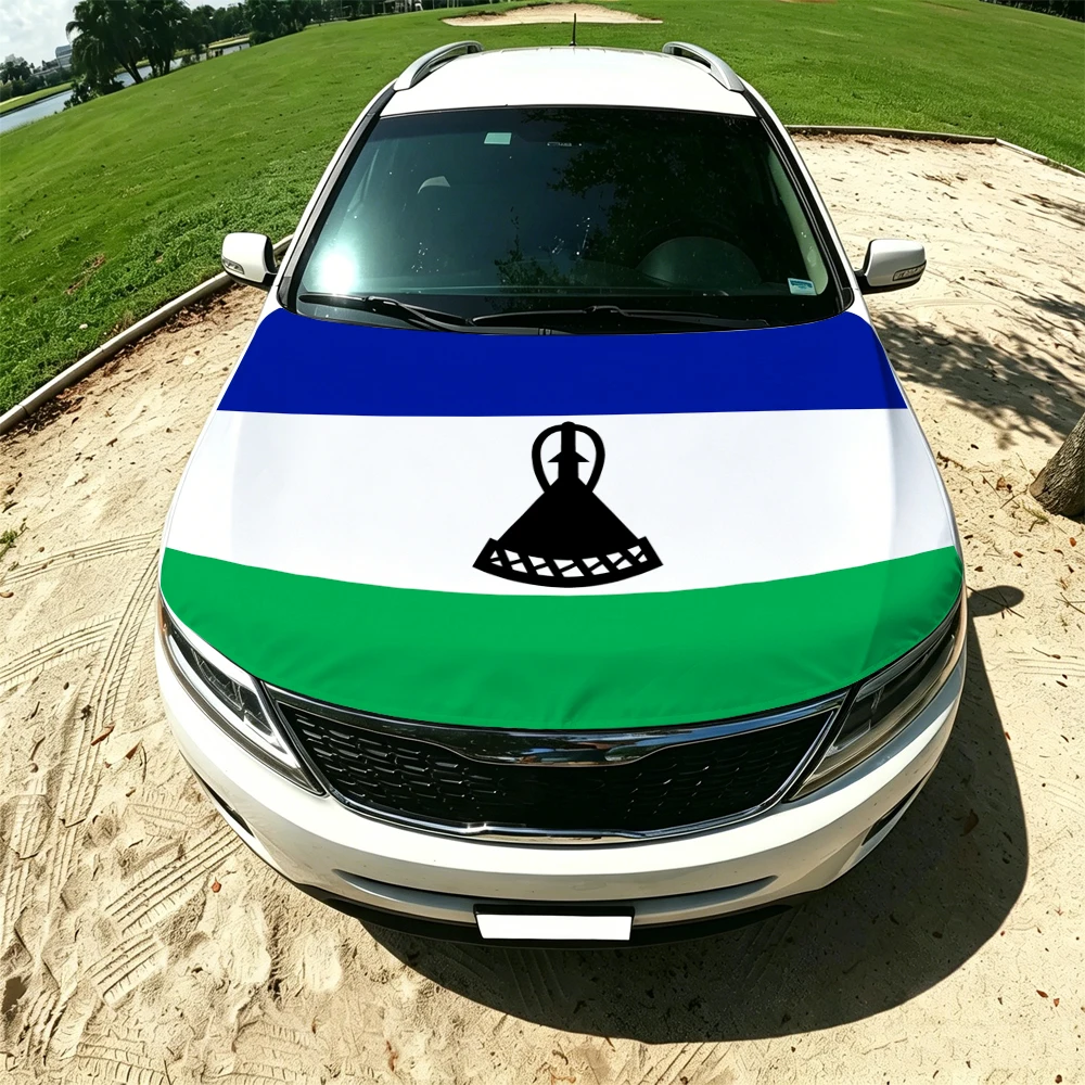 130x160cm Lesotho Flag Car Hood Cover, Elastic Windproof Patriotic Bonnet Banner