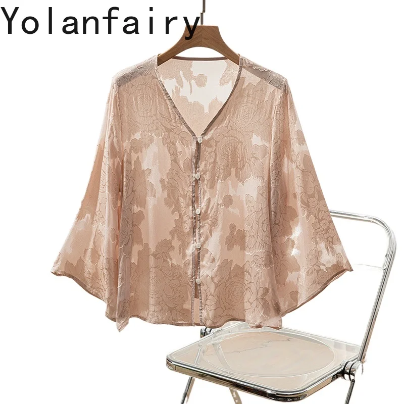 

YOLANFAIRY 100% Natural Mulberry Silk Shirts for Ladies Breathable Sun Resistant Tops Shirts Woman Summer Cardigan V-neck Shirt