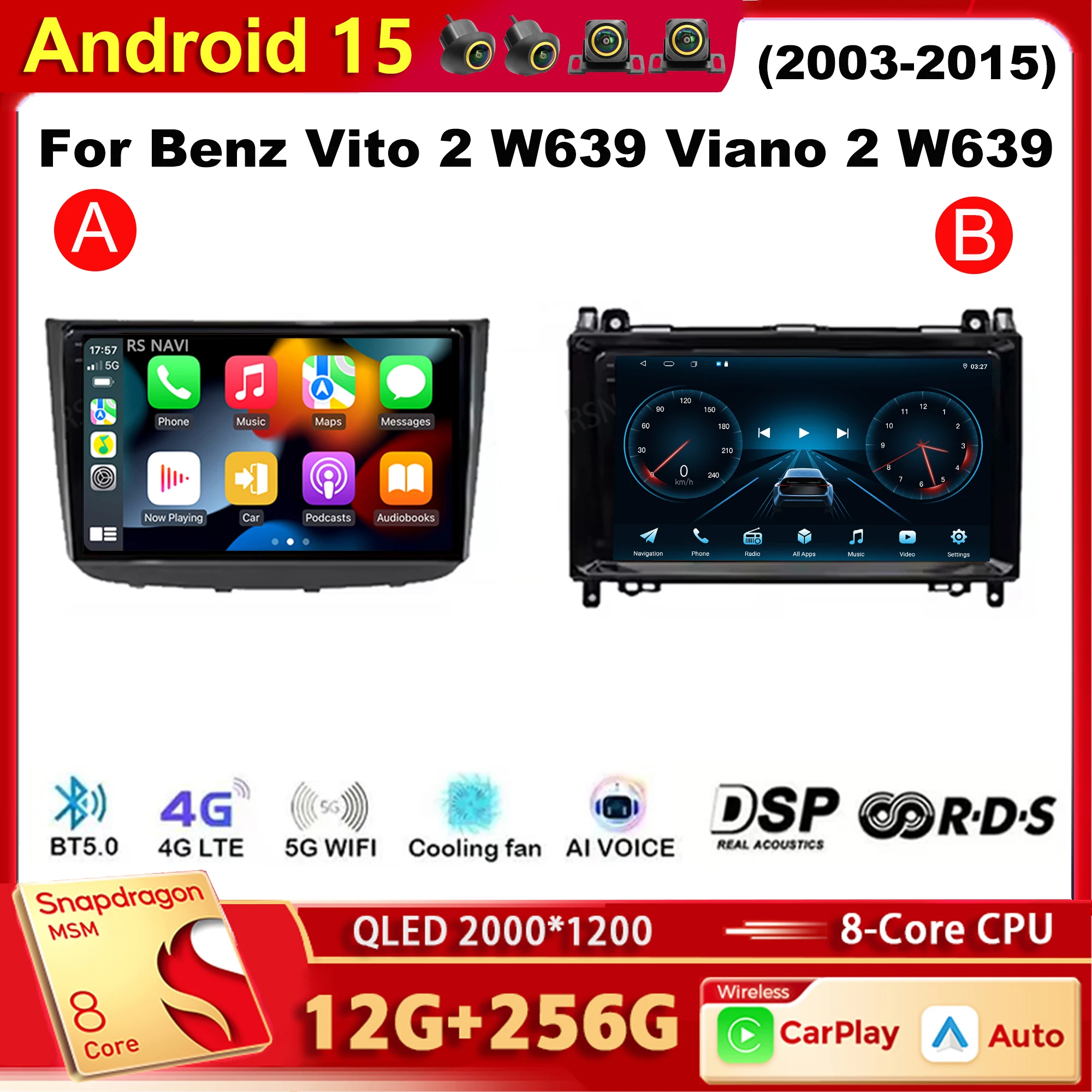Android 15 qualcomm reprodutor de rádio do carro para benz vito 2 w639 viano 2 w639 2003-2015 auto carplay carro dsp wifi + 4g ai voz 2 din gps