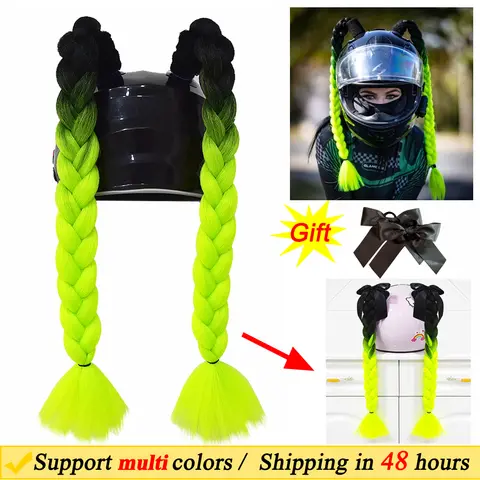 2 PCS / paire nouveau casque de motocyclette tricot pour femmes tricot de motocyclette casque de motocyclette perruque multicolore torsadée double queue de porc queue de cheval avec ventouse