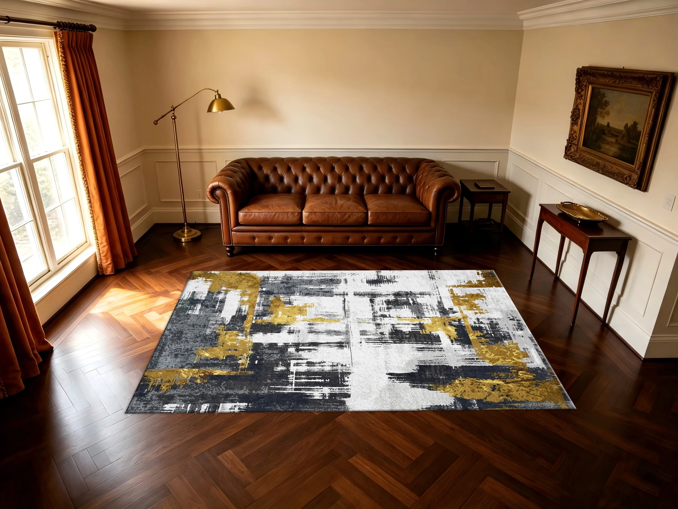 Black White Gold Brush Stroke Abstract Area Rug Modern Graffiti Art Non‑Slip Floor Carpet for Living Room Bedroom Home Decoration