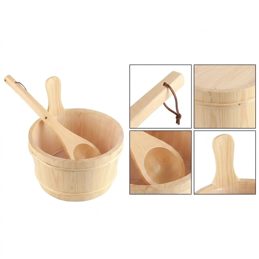 Natural Pine Sauna Bucket Set 1 Gallon with for Comfort Grip Rope Handle and Functional Ladle for Spa and Sauna Rooms